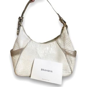 White Brahmin Croc Embossed Leather Hobo Bag